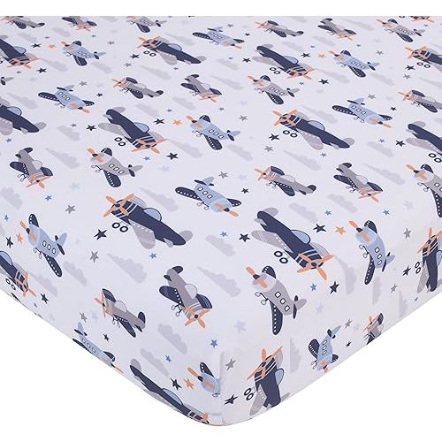 Little Love by NoJo Soar High Little One Navy, Light Blue, Orange, and White Airplanes, Clouds, and Stars Fitted Crib Sheet