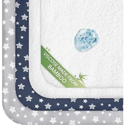 Pack and Play Sheets & Waterproof Terry Pack N Play Mattress Protector Pad Cover 4 Pack, Viscose Made from Bamboo Pack N Play Sheets Set, Grey & Navy