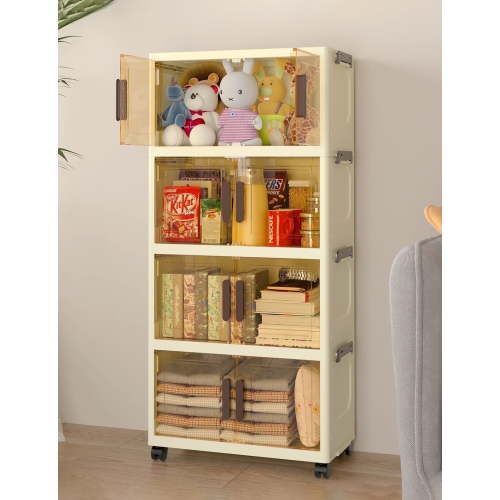 Keenstone 4 Tier Foldable Plastic Storage Bins with Lids, Clear Doors and Wheels, Stackable Modular Closet Organizer