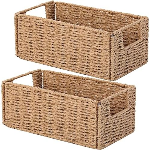 Vagusicc Wicker Storage Basket, Set of 2 Hand-Woven Paper Rope Wicker Basket, Small Storage Baskets for Organizing Toilet Paper Basket, Foldable Large Cube Storage Organizer Bins for Shelves (Natural)