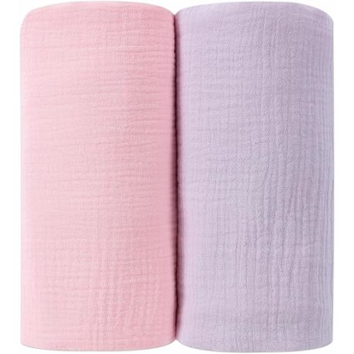 DaysU Muslin Baby Swaddle Blanket, Cotton Swaddling Blankets for Baby Boy and Girl, Nursery Skin-Friendly Baby Receiving Blanket for Newborns, Breathable Swaddle Wrap 2 Pack, 47”x47”-Pink+Lilac