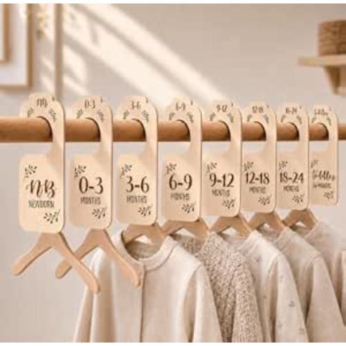 Baby Closet Dividers for Clothes Organizer - Set of 8 Beautiful Wooden Double-Sided Baby Clothes Size Hanger Organizer from Newborn to 24 Months for Boho Nursery Decor