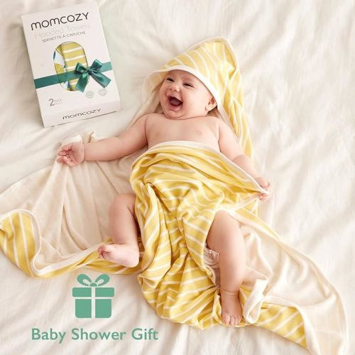 Momcozy Baby Hooded Towel, 2 Pack Viscose Bamboo Cotton Baby Towel Set, Super Soft Bath Towel with Original Design, Shower Gifts for Infant, Toddler (28 X 28 Inch, Lemon Leaves)