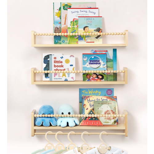 "SUMGAR Floating Shelves for Wall, Nursery Wood Bookshelves with Bar, 23"" Set of 3"