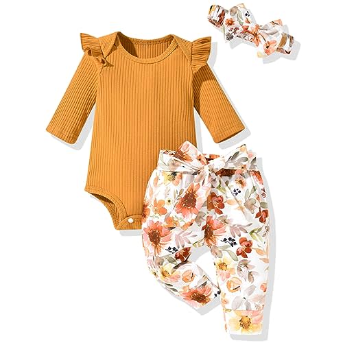 Aalizzwell Preemie Newborn Infant Baby Girls Clothes Ribbed Romper Bodysuit Pants Set Fall Winter Outfits