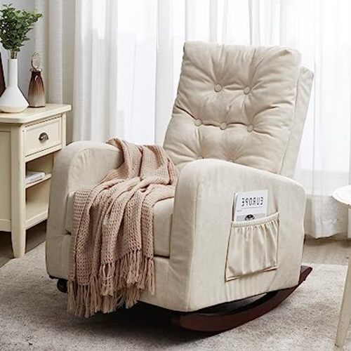 Nursery Rocking Chair, Oversized Dutch Velvet Upholstered Nursery Glider Rocker with Solid Wood Base and Side Pocket, Comfy High Back Armchair Single Sofa Chair for Living Room, Bedroom, Office, Beige