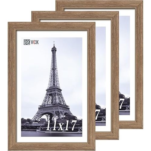 VCK 11x17 Picture Frame Set of 3 - Brown Walnut, Natural Textured Solid Wood Picture Poster Frame, Wall Gallery Frame