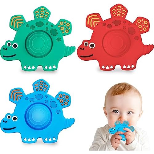 3PC Dinosaur Baby Teething Toys, Easter Basket Stuffers for Babies Infant Soft Silicone Teether Sensory Toy Teething Relief for 0-6 6-12 Months, Easter Gift Chew Toys for 1 Year Old Boy Toddler