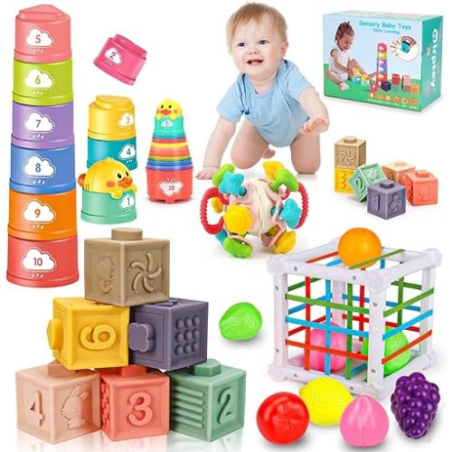 Montessori Baby Toys 6-12-18 Month, Infant Teething Toys Shape Sorter Bin Stacking Cups Blocks for toddlers 1-3, Sensory Educational Learning Toy for 6 7 8 9 10 Month Old Girl Boy 1 2 Year Old Gifts