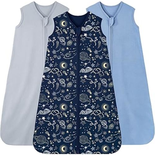 Baby Sleep Sack 6-12 Months, 100% Cotton Sleeping Sack for Newborn and Infant, 3 Pack Baby Wearable Blanket, 0.5 Tog Lightweight Double Zipper Sleep Bag Blue Sky