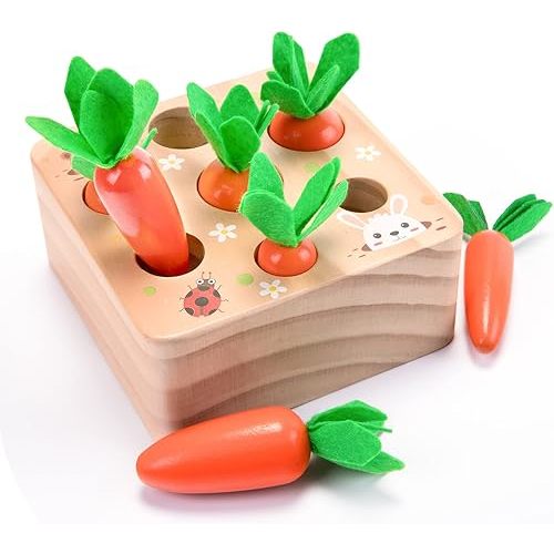 Montessori Toys for 1 Year Old, Carrots Harvest Wooden Baby Toys for 6-12 Months Educational Shape Sorting Matching Toys for Toddler Fine Motor Skill Development, Gift for Kids Birthday Easter Toys