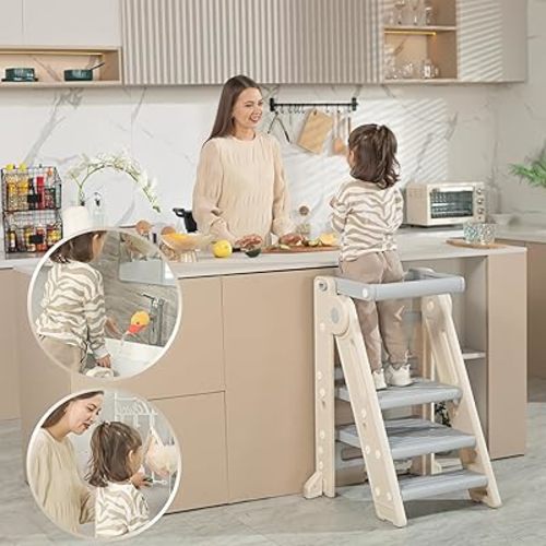 Toddler Standing Tower - Adjustable Kids Kitchen Stool with Safety Rail, 2-3 Step Learning Helper for Kitchen & Bathroom Sink, Montessori Baby Child Standing Tower (CPC Certification)