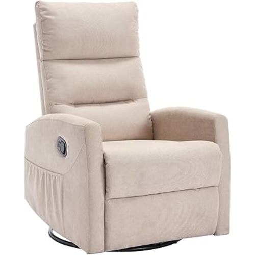 PELUMY Manual Recliner Chair, 360° Swivel Glider and Rocker Recliner with 155° Recline, Compact Fabric Recliner for Small Space, Nursery, Living Room, Bedroom, No Tools Assembly (Beige)