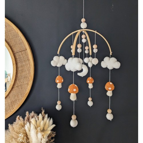Baby mobile, baby mobile with mushrooms, boho baby mobile, boho baby room, mushroom theme baby room, nursery module, mobile