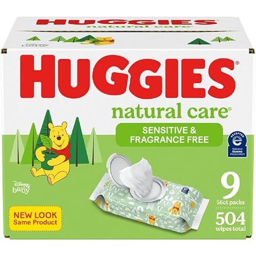 Huggies Natural Care Sensitive Baby Wipes, Unscented, Hypoallergenic, 99% Purified Water, 9 Flip-Top Packs (3 packs of 3), 504 Total Wipes (56 Wipes per pack), Packaging May Vary