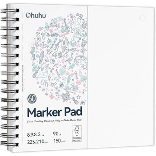 Ohuhu Double-Sided Marker Pad Art Sketchbook Bleedproof - 8.3"x8.3" Square Paper Size - 90 lb/150 gsm Smooth Drawing Paper - 60 Sheets/120 Pages, Spiral Bound Sketching Book for Alcohol Markers