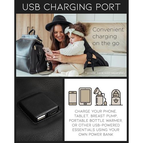 MIA + SOPHIA Leather Diaper Bag Backpack with USB Charging port, Changing Pad, Stroller Straps, and Bottle Holder (Black Sophia)
