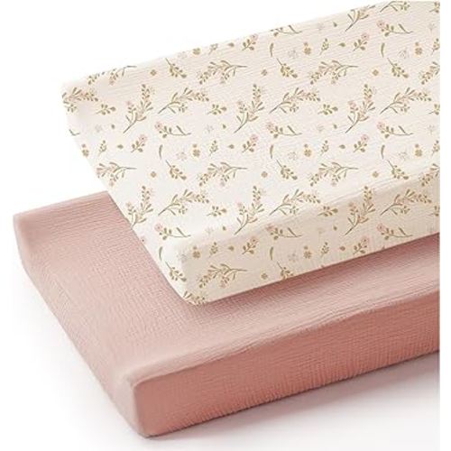 Konssy 2 Pack Muslin Changing Pad Cover for Baby Girls Boys 100% Cotton Fitted Diaper Changing Table Cover Set, Soft Changing Pad Sheets (Pink,Floral)