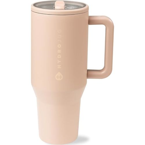 HydroJug Traveler - 40 oz Water Bottle with Handle & Flip Straw - Fits in Cup Holder, Leak Resistant Tumbler-Reusable Insulated Stainless Steel & Rubber Base - Gifts for Women & Men, Autumn Oak
