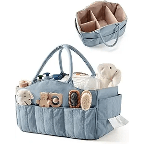 Quilted Baby Diaper Caddy with Detachable Dividers and Wipes Pocket, Lightweight Baby Caddy Organizer with Handles and 8 Pockets for Baby Stuff, Dusty Blue