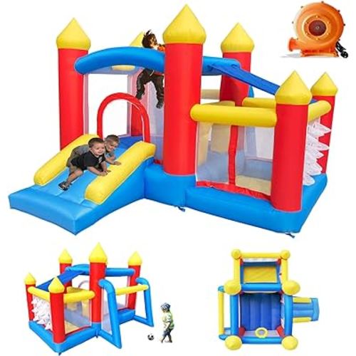 Baralir 6 in 1 Indoor & Outdoor Bounce House for Kids 3-6, Toddler Bounce House with Slide and Ball Pit, Extra Sun Cover & Soccer Goal, Blow Up Jumping Castle with Blower