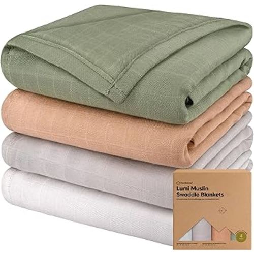 4-Pack Muslin Swaddle Blankets for Boys, Girls - Organic Baby Swaddles for Newborns, Soft & Breathable Receiving Baby Blankets for Girl, Boy, Neutral, Newborn Essentials Gift (Pine)