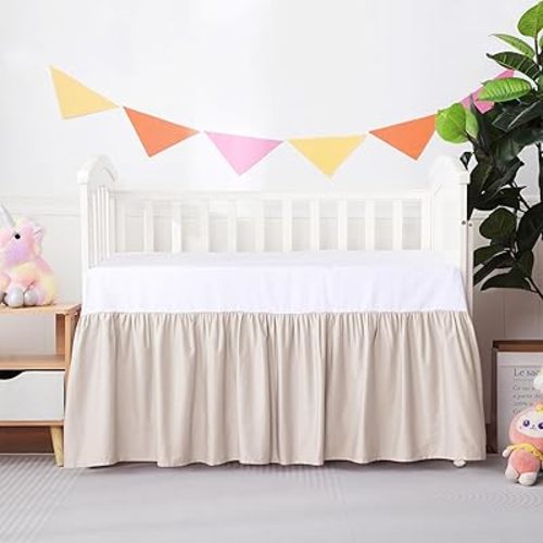 Crib Skirt Dust Ruffle, 100% Egyptian Cotton 400 Thread Count Soft Breathable Crib Bedding Skirt for Baby, Boys and Girls, 52"X28" with 14" Crib Bed Skirt Fading Resistant (Ivory)