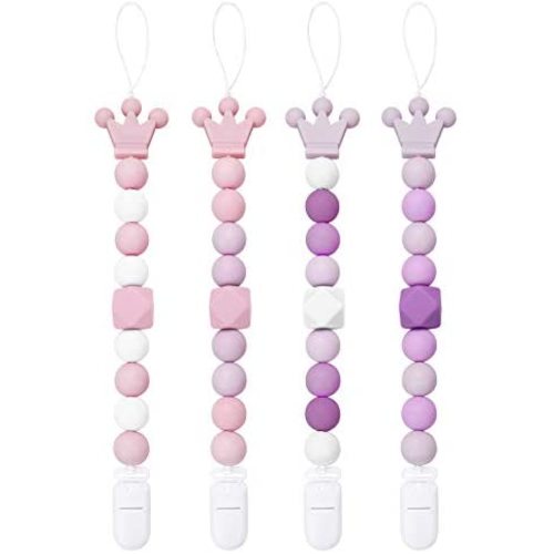 Yoofoss Pacifier Clip Silicone Teething Beads Teether Clips Pacifier Holder for Baby Boys and Girls, 4 Pack (Pink&Purple) - Pink+Purple
