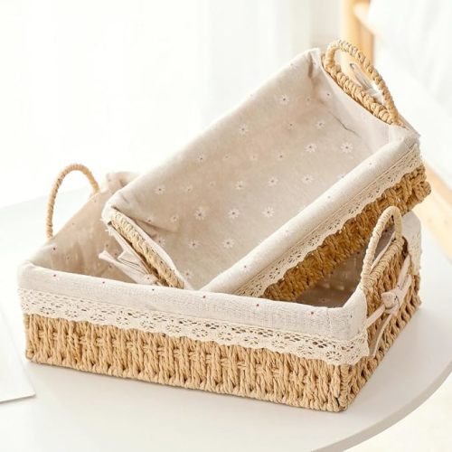 GIB Small Wicker Storage Baskets for Organizing, Decorative Woven Baskets with Handles & Liners, Boho Paper Rope Serving Baskets Trays for Shelves & Gifts, Set of 2