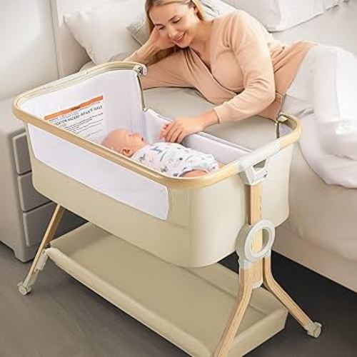 3 in 1 Baby Bassinet Bedside Sleeper, Breathable Mesh Bedside Bassinet for Baby, Easy Assemble & Folding Portable Bassinet, 5 Height Adjustable Bedside Crib with Storage Basket, Mattress, Wheels