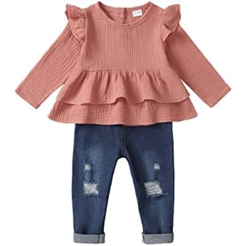 Baby Girl Clothes Toddler Girls Winter Outfits Infant Clothing Ruffle Top Denim Pants Jeans Cute Fall Outfit Set