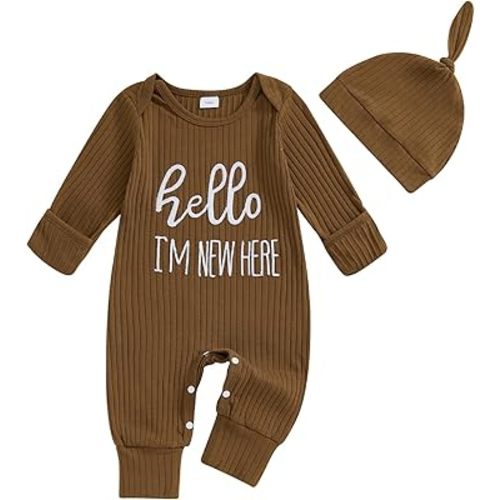 FIOMVA Im New Here Newborn Outfit Boy Long Sleeve Letter Romper Ribbed Knit Jumpsuit Baby Boy Preemie Coming Home Outfit