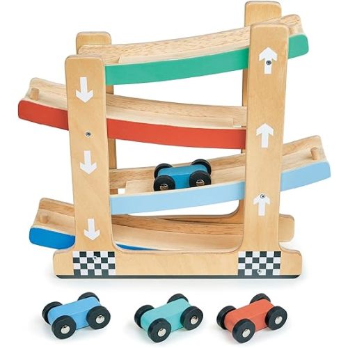 Mentari Toys - Wooden Ramp Raver Toy - 4 Level Toy Car Ramp Race Track Includes 4 Wooden Toy Cars - A Great Gift for Boys and Girls - Age 18m+