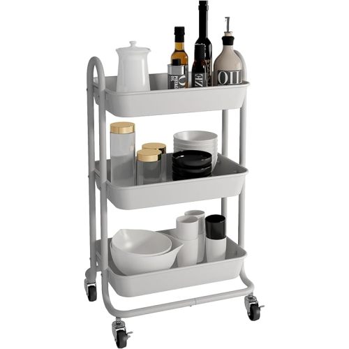 3-Tier White Utility Rolling Cart,Kitchen Storage Carts with Wheels,White Metal Rolling Cart for Office,Home,Kitchen,Garden（18"x11.4"x31.2"）