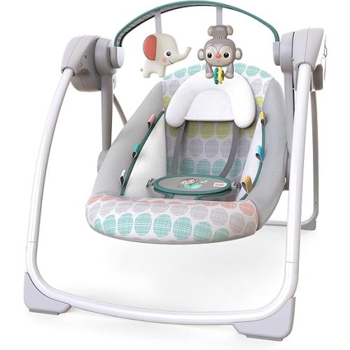 Bright Starts Portable Automatic 6-Speed Baby Swing, Compact Easy-Fold, Music, Toy Bar, 0-9 Months 6-20 lbs (Whimsical Wild)