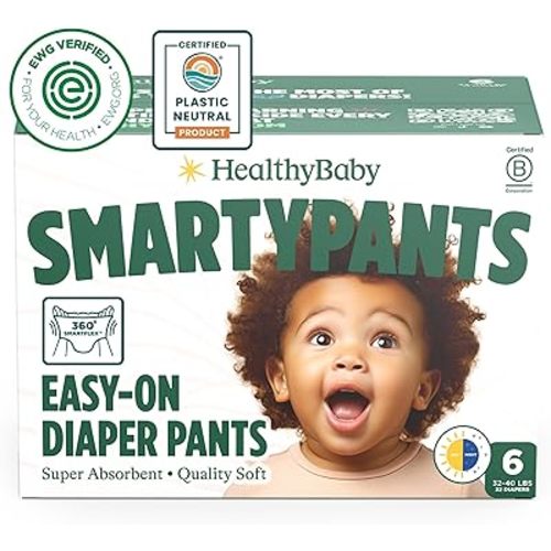 SmartyPants Pull Up Style Diapers | EWG Verified Safe & Plant-Based | Quilted 360 Waistband, Super Absorbent for Overnight Leak Protection | Training Pants by HealthyBaby | Size 6 (32 Count)