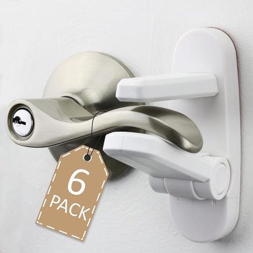 Improved Childproof Door Lever Lock (6 Pack) Prevents Toddlers from Opening Doors. Easy One Hand Operation for Adults. Durable ABS with 3M Adhesive Backing. Simple Install (White, 6-Pack) - 6 Count (Pack of 1)