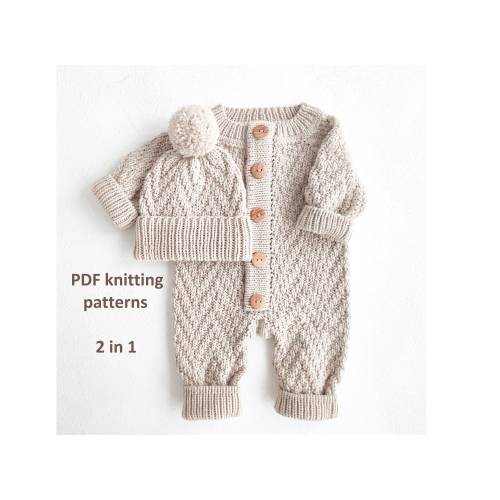 Knitting patterns set 2 in 1, knitting pattern baby romper, baby hat, knitting for newborn, herringbone jumpsuit pattern