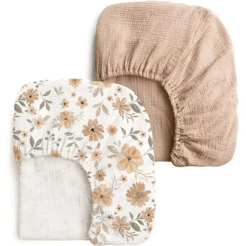 Konssy Muslin Crib Sheets 2 PCS, 100% Cotton Crib Sheet for Standard Crib Mattress(28"x 52"), Fitted and Soft Breathable Crib Mattress Sheet for Girls and Boys(Peach,Floral