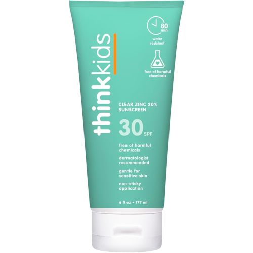 Thinkkids Mineral Sunscreen, SPF 30 Clear Zinc Oxide Sunscreen, 6 Fl Oz, Natural, Water Resistant Reef Safe Sunscreen for Kids, Vegan Broad Spectrum UVA/UVB Sun Screen for Sun Protection