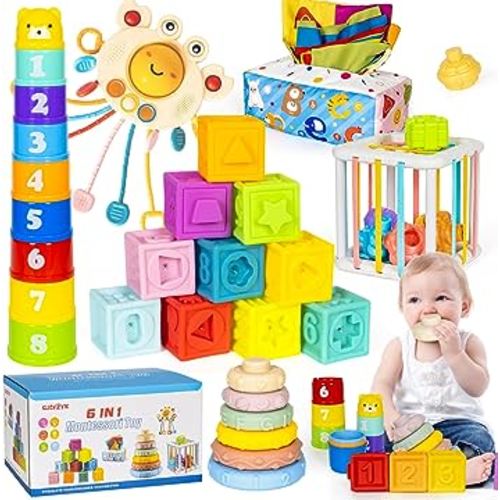 GJOF2YK 6 in 1 Montessori Toys for Babies 6–12 Months Stacking Block Soft Infant Ring Shape Learning Sensory Bin Pull String Teething Toy Magic Tissue Box for Toddlers 1 2 3 Year Old Boy Girl Gift