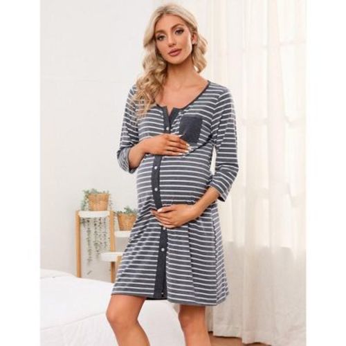 Women's Maternity Nightgown 3/4 Sleeve Striped Nursing Sleepshirt Button Breastfeeding Sleep Dress Light Gray M