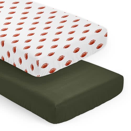 Sweet Jojo Designs Football Boy Baby Fitted Crib Sheet Set Infant Newborn Nursery Toddler Bed Room Standard Mattress 2pc Brown White Footballs and Solid Color Dark Green for The Vintage Sports Themed