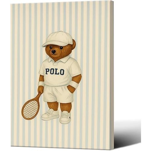 Funny Tennis Sports Teddy Bear Poster White Tennis Suit Sports Cap Take Tennis Racket Animal Wall Art Canvas Printed Posters For Home Dorm Wall Decor 12X18 in Unframed-Canvas Rolled Up