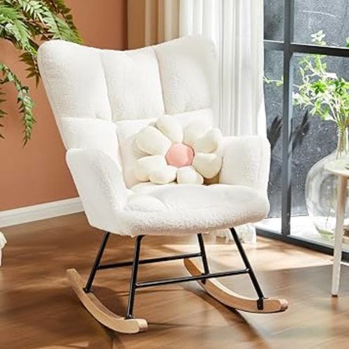 Nursery Rocking Chair with High Backrest and Comfy Padded Seat, Nursing Glider Recliner Chairs Teddy Upholstered Modern Rocker Accent Armchair for Nursery, Living Room and Bedroom, Beige
