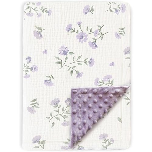 BOPRIO Baby Blankets, Super Soft Nursery Minky Blankets with Breathable Muslin Cotton Front and 3D Touch Dotted Fleece Backing, Floral Printed Bed Throws