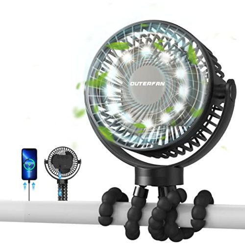 Stroller Fan, Portable Fan with Lights 60Hrs 12000mAh Battery Operated Fans USB Rechargeable Small Fan for Bedroom, Desk, Personal Handheld, Clip on Fan for Baby Stroller, Bed, Travel, Car, Camping - Black wiht light