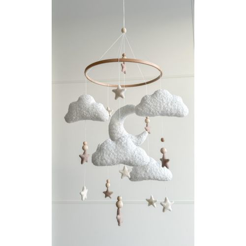 Boucle Clouds and Moon Baby Nursery Mobile, Neutral Baby Mobile, Neutral Nursery Mobile, Clouds Mobile, Felted Stars Mobile, Personalized - Etsy