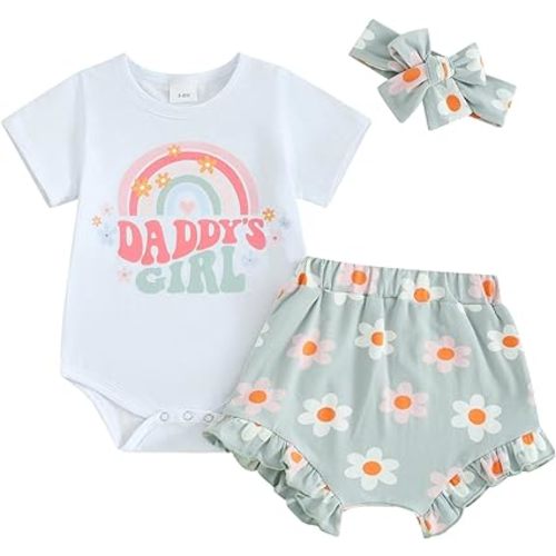 Baby Girls Summer Short Clothes Mama's Little Bestie Letter Print Bodysuit Daisy Bloomer Shorts Headband 3Pcs Outfit
