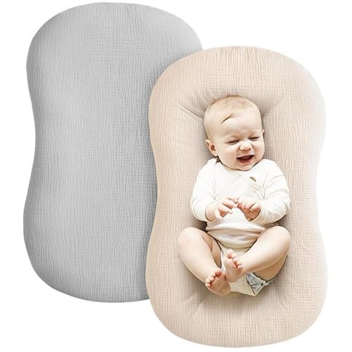 Konssy Muslin Baby Lounger Cover 2 Pack, 100% Cotton Newborn Lounger Cover, Soft and Breathable Lounger Slipcover for Boys Girls, Covers Only (Grey,Wheat)